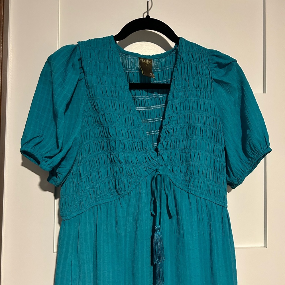 Teal Puff-Sleeve Tiered Midi Dress Size 8 - Picture 4 of 8